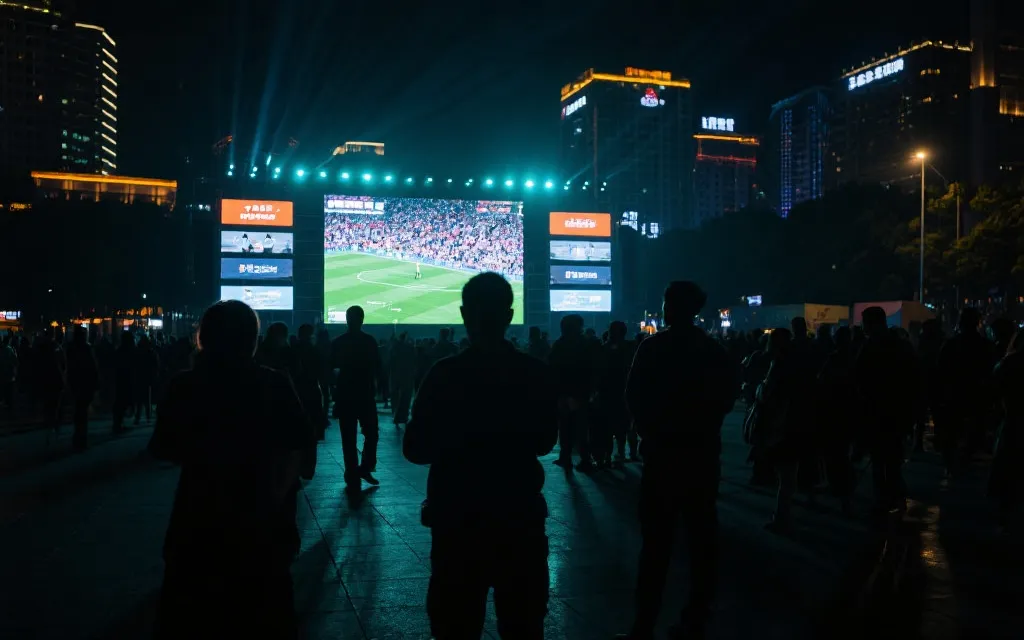 夜晚城市广场大屏观赛的人群,氛围灯光,纪实摄影风格